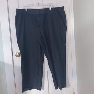 Navy blue denim work pants with mild stretch